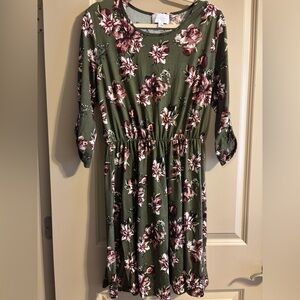 Stitch Fix French Grey Floral Dress with Olive Green and Pink